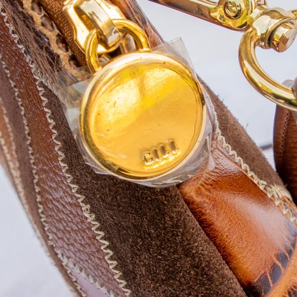 G.I.L.I. Brown Tan Embossed Snake Croc Leather Suede Patchwork Crossbody Purse - Picture 8 of 11